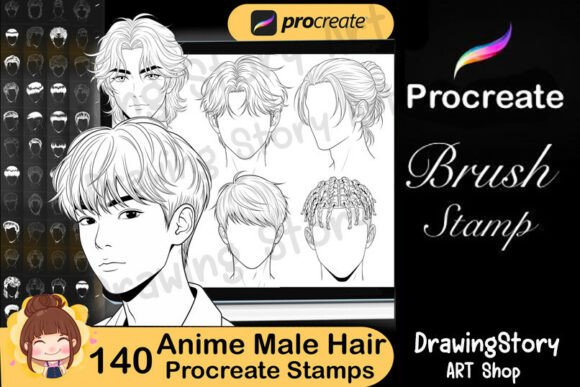 140 Anime Male Hair Stamp Brushes for Procreate